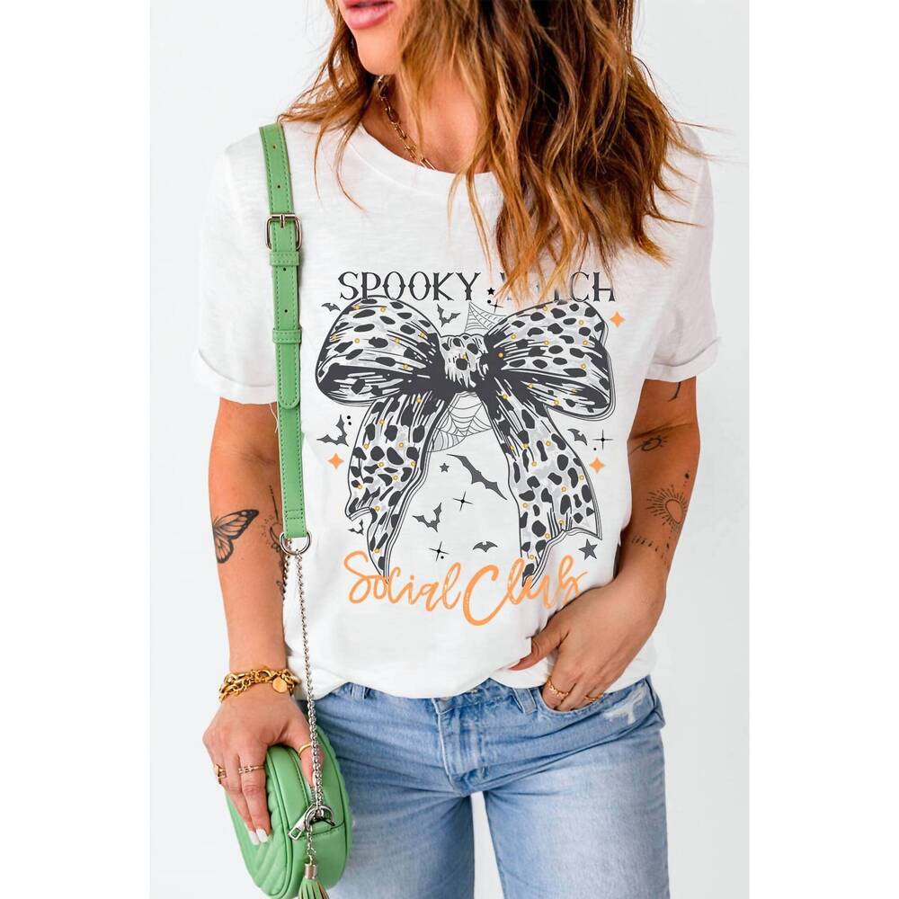 NEW 1 THE WOMAN spooky witch leopard bowknot bat graphic halloween top in white